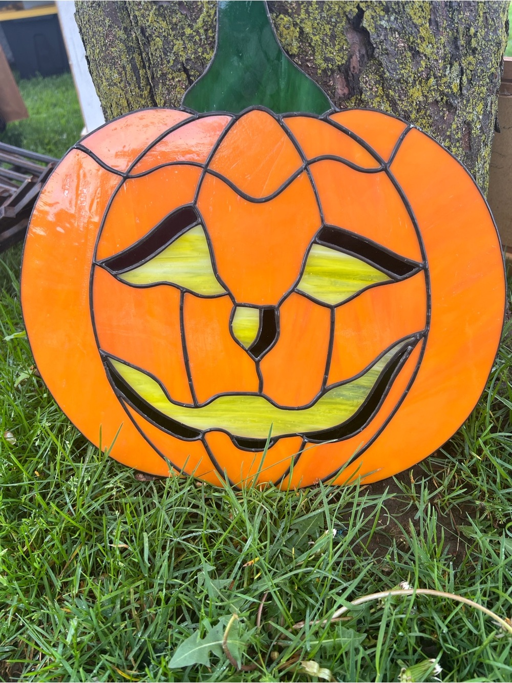 Stained Glass Jack-O'-Lantern Wall Art - Bright Orange Pumpkin